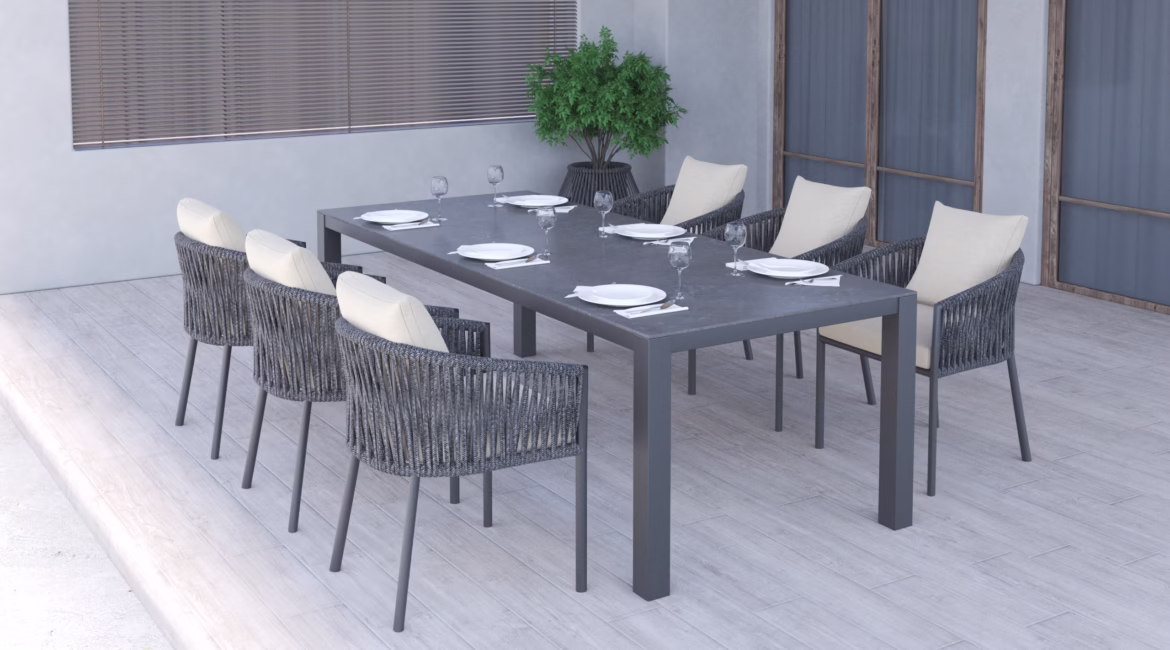Powder-coated aluminium for outdoor furniture: what it is, why it lasts, and when to choose it 1 CALLA DINING TABLE WITH BREEZE CHAIR