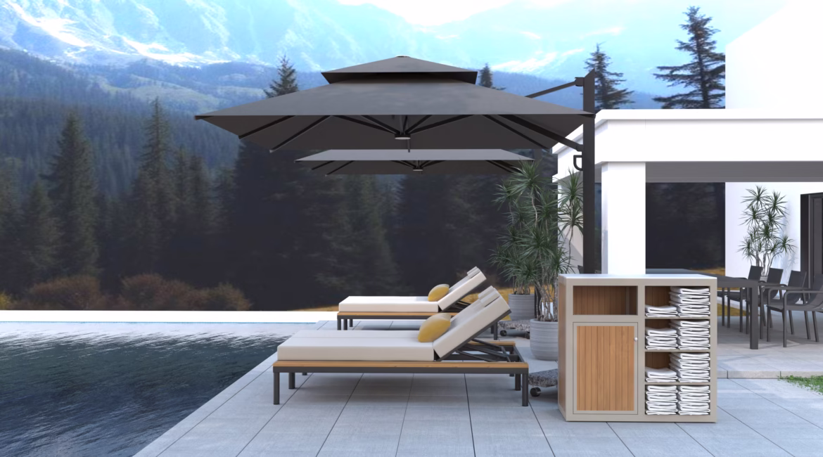 Commercial patio umbrella and towel cabinet on a resort pool deck