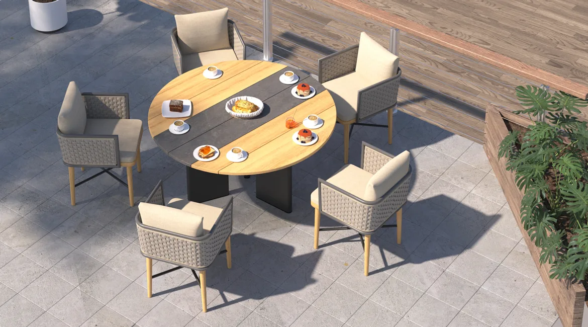 Outdoor dining set with wooden tabletop and woven chairs on a patio